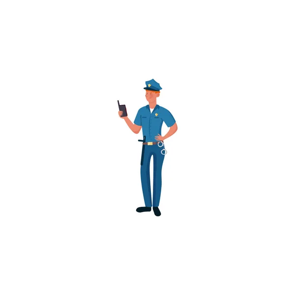 Policía con uniforme azul de pie con el walkie talkie. Ilustración vectorial aislada sobre fondo blanco — Vector de stock