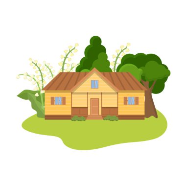 Vadi zambakları ile çevrili kır evi çiçek vektör illüstrasyonu