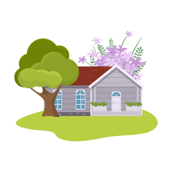 Country house surrounded by garden with blooming trees vector illustration — ストックベクタ