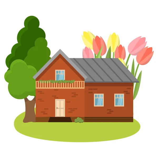 Hus på landet omgivet av trädgård med blommande tulpaner vektor illustration — Stock vektor