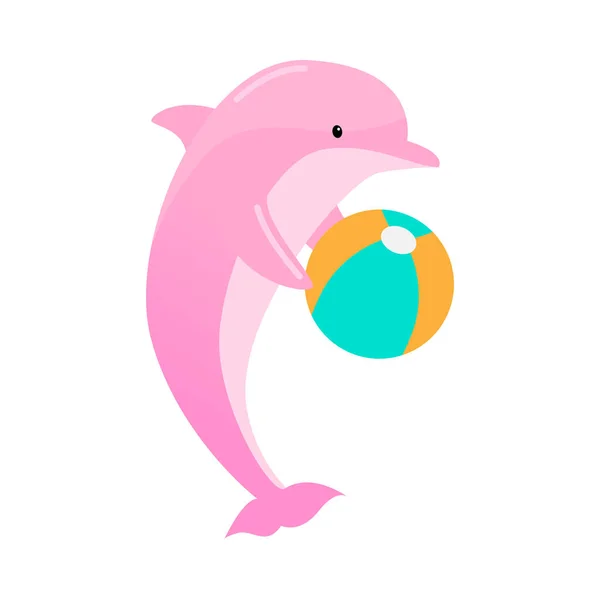 Růžový delfín s míčem. Vektorové ilustrace izolované na bílém pozadí — Stockový vektor