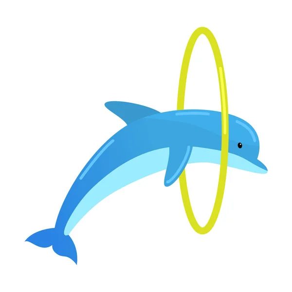 Blue dolphin jumping through the yellow ring. Vector illustration isolated on white background — ストックベクタ