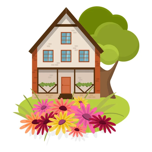 Country house surrounded by garden with colorful flowers vector illustration — Stock Vector