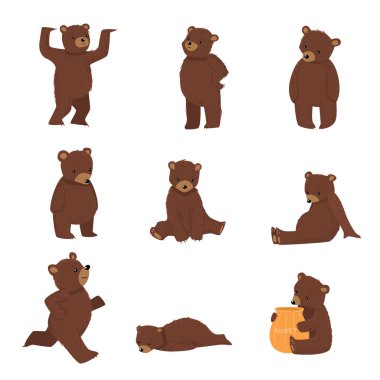 Günlük işleri yapan kahverengi biralar kümesi vektör illüstrasyonu