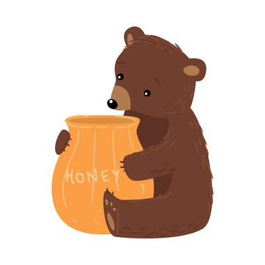 Kahverengi ayı oturuyor ve bal vektör illüstrasyon fıçısını tutuyor