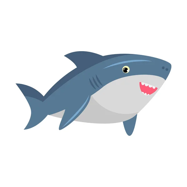 Mignon sourire amical requin bleu avec des dents pointues. Illustration vectorielle isolée sur fond blanc — Image vectorielle