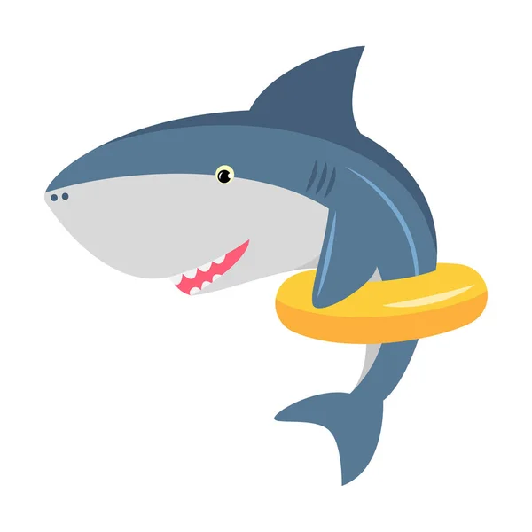 Cute shark with the yellow inflatable rubber ring. Vector illustration isolated on white background — Stock Vector