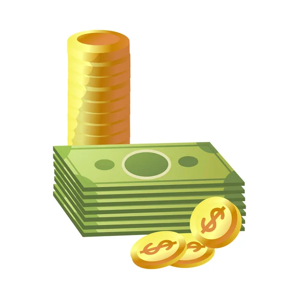 Stack av kontanter pengar och hög med mynt vektor illustration — Stock vektor