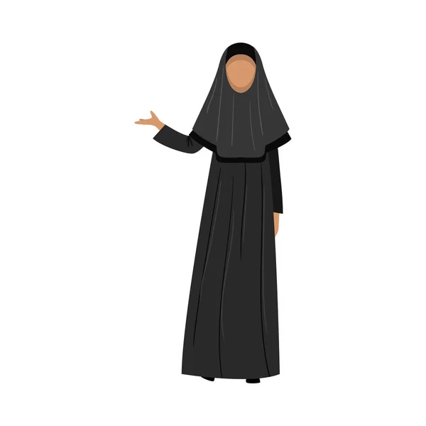 Chica musulmana en un himar étnico negro tradicional. Ilustración vectorial en estilo plano de dibujos animados . — Vector de stock