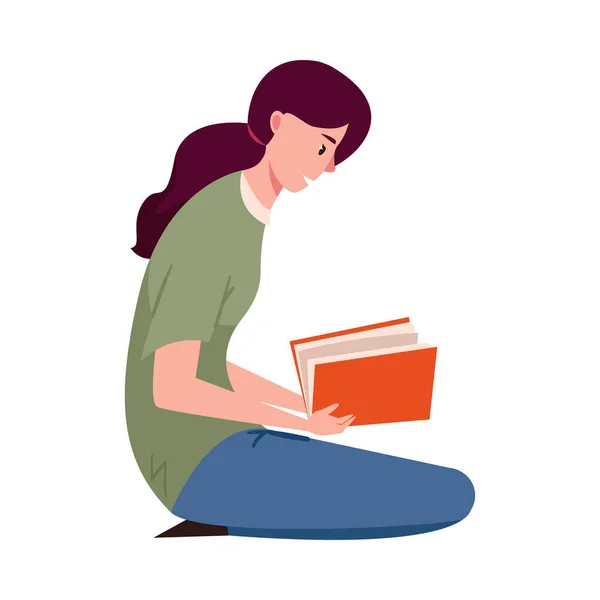 小女孩坐着看一本红皮的书。 平面卡通风格的矢量图解. — 图库矢量图片