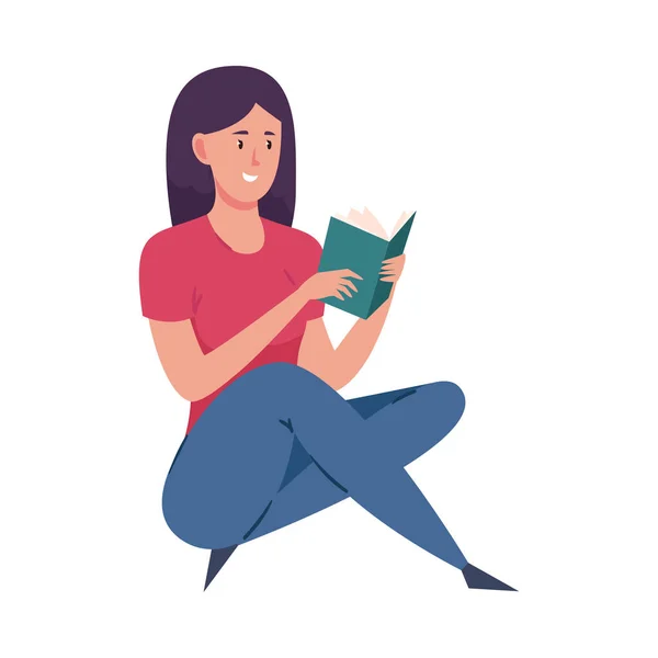 Niña sentada y leyendo un libro. Ilustración vectorial en un estilo plano de dibujos animados . — Vector de stock