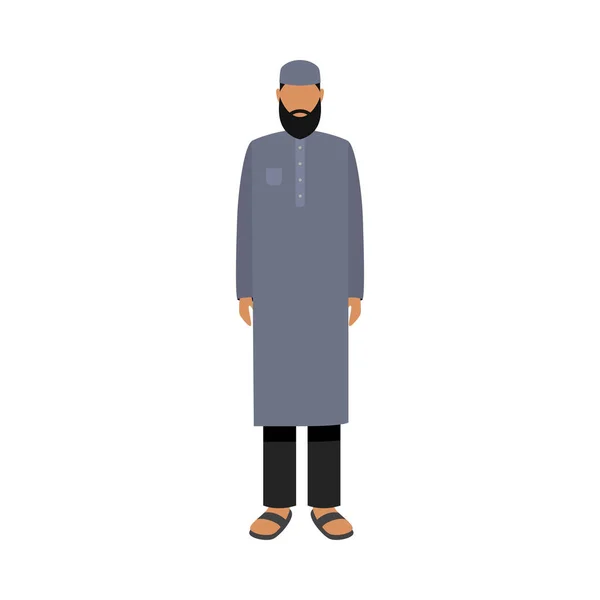 Hombre árabe con ropa gris étnica tradicional. Ilustración vectorial en estilo plano de dibujos animados — Vector de stock
