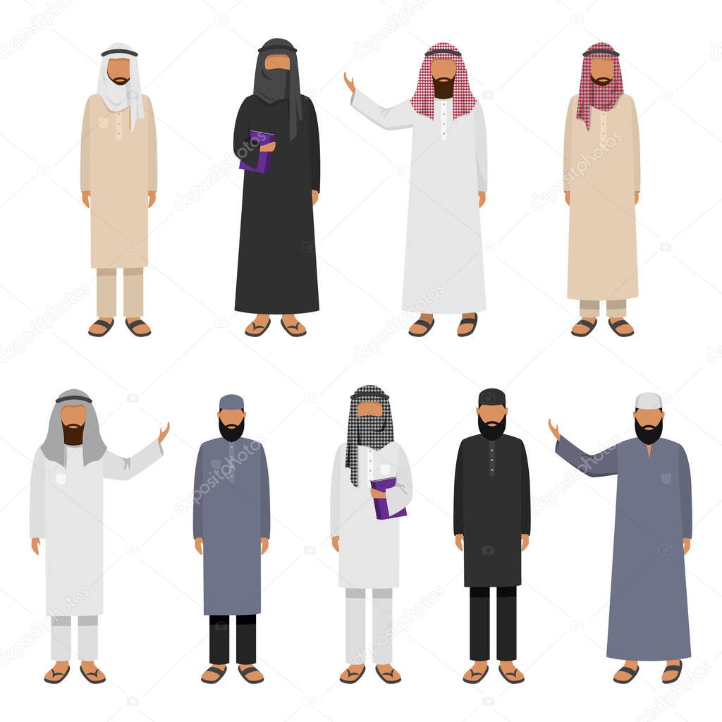 A set of Arabic man wearing traditional clothing. Vector illustration in flat cartoon style.