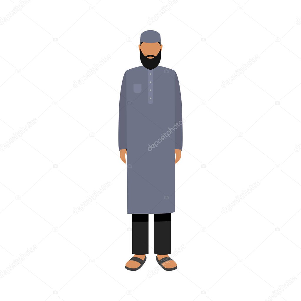 Arab man in traditional ethnic grey wear. Vector illustration in flat cartoon style