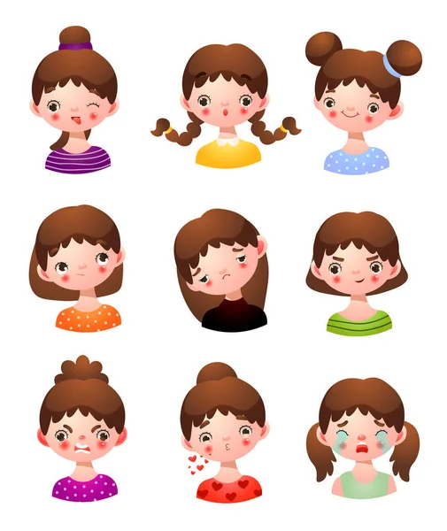Uppsättning små flickor ansikte med olika uttryck vektor illustration — Stock vektor