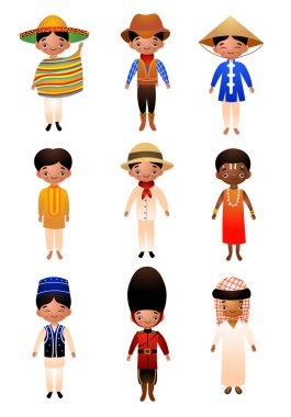 Geleneksel etnik kıyafetler giyen bir grup farklı uyruklu erkek. Çizgi film tarzında vektör illüstrasyonu.