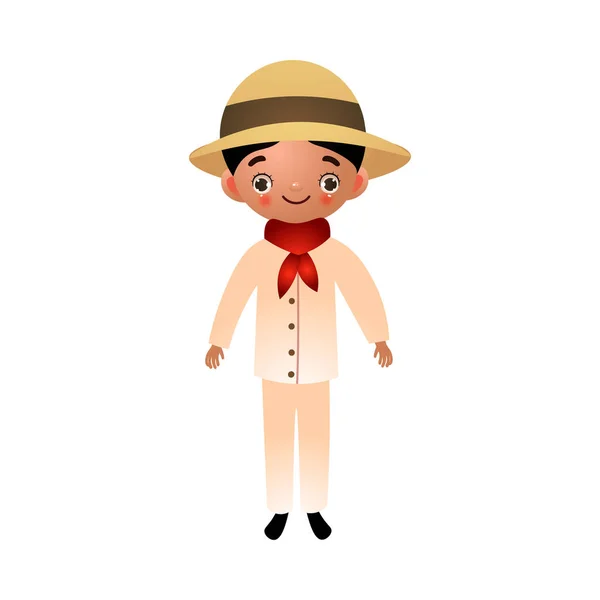 El joven con un traje blanco con una bufanda roja y un sombrero. Ilustración vectorial en estilo plano de dibujos animados — Vector de stock