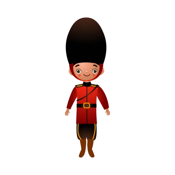 Beefeater angol katona hagyományos vörös ruhában, hosszú fekete kalapban. Vektor illusztráció lapos rajzfilm stílusban — Stock Vector