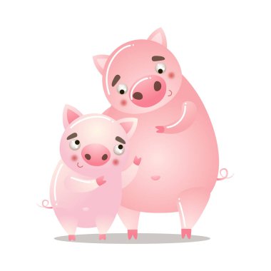 Sevimli domuz bir bebekle ayakta duruyor. Vektör illüstrasyonu beyaz arkaplanda izole edildi