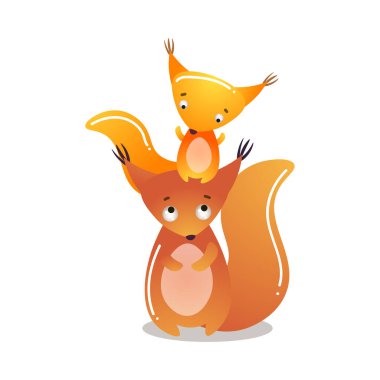 Şirin sincap bir bebekle ayakta duruyor. Vektör illüstrasyonu beyaz arkaplanda izole edildi