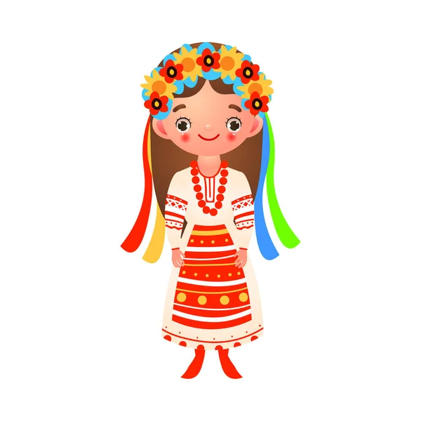 Українська дівчина в традиційному народному вбранні з стрічками і квітами. Візуальне зображення у плоскому стилі карикатури. — стоковий вектор