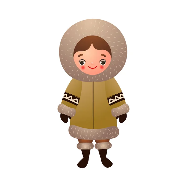 Eszkimó lány hagyományos etnikai téli ruhákban. Vektor illusztráció lapos rajzfilm stílusban. — Stock Vector