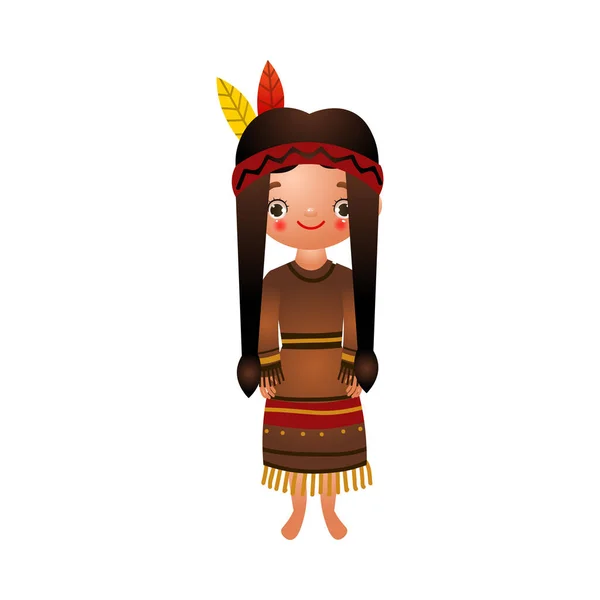 Indianermädchen in traditioneller ethnischer Kleidung mit Federn auf dem Kopf. Vektorillustration im flachen Cartoon-Stil. — Stockvektor