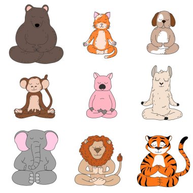 Nilüfer çiçeğinde oturup meditasyon yapan sevimli komik hayvanlar.