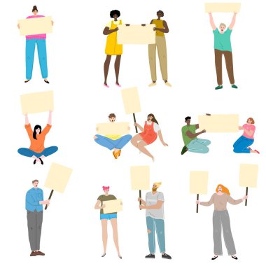 İnsanlar işaretli vektör illüstrasyonunu protesto ediyorlar.