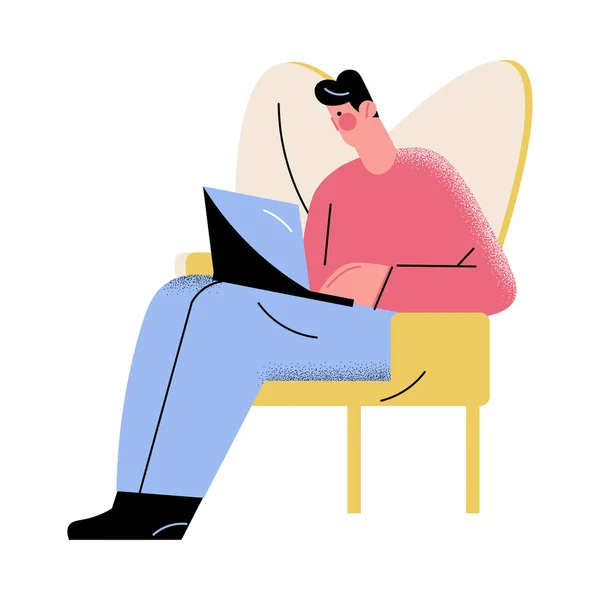 Uomo seduto e lavorare da casa al computer portatile durante l'epidemia di coronavirus — Vettoriale Stock