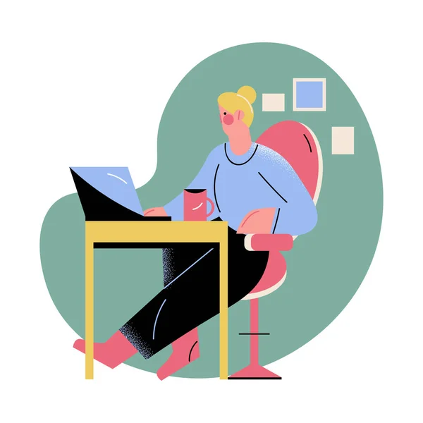 Kvinna med kopp te arbetar hemifrån på laptop under coronavirus epidemi — Stock vektor