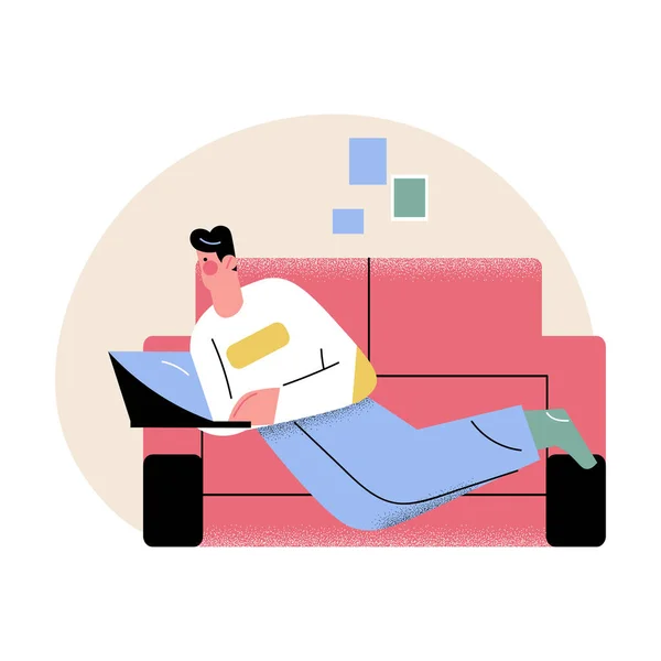 Άνδρας ξαπλωμένος στην άμαξα και εργαζόμενος από το σπίτι στο laptop κατά τη διάρκεια της επιδημίας του Coronavirus — Διανυσματικό Αρχείο
