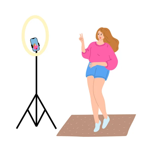 Mujer blogger de pie y haciendo fotos para el blog en la cámara del teléfono — Vector de stock