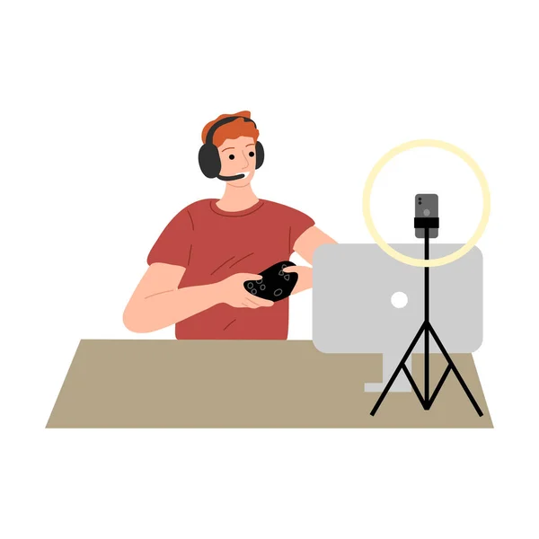 Blogger i hörlurar sitter och gör video för blogg på telefon kamera — Stock vektor