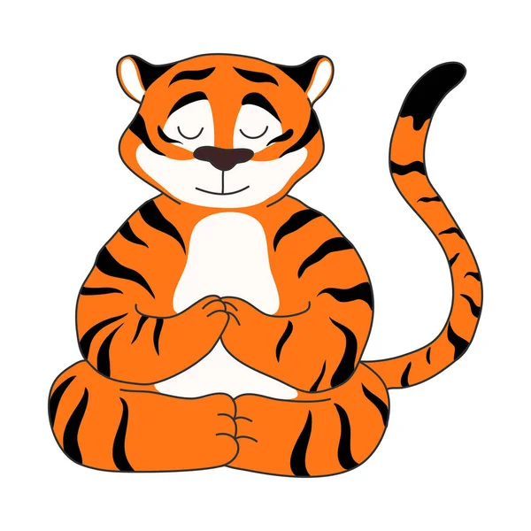 Grande tigre listrado vermelho sentado e meditando em pose de lótus com os olhos fechados — Vetor de Stock