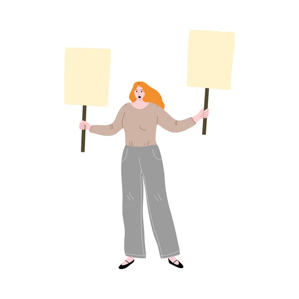 Женщина, стоящая и протестующая против чего-то с плакатами в руках — стоковый вектор