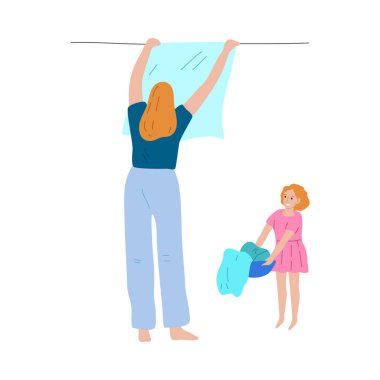 Mutlu kız ayakta duruyor, elinde kovayla temiz giysiler tutuyor ve annesine yardım ediyor.