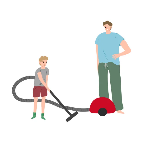Маленький сын помогает отцу пылесосить пол и ковры дома — стоковый вектор