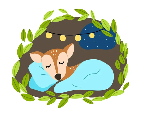 Fawn sleeping under blanket in his cosy burrow underground during winter — Stock Vector