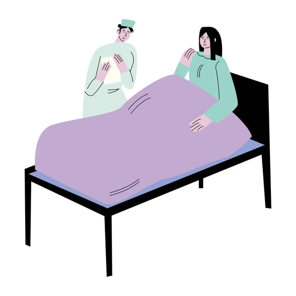 Ill vrouw patiënt liggend in bed en praten met arts in het ziekenhuis — Stockvector