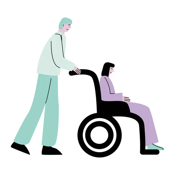 Νεαρή ιατρός με αναπηρία γυναίκα σε αναπηρική καρέκλα στο νοσοκομείο — Διανυσματικό Αρχείο