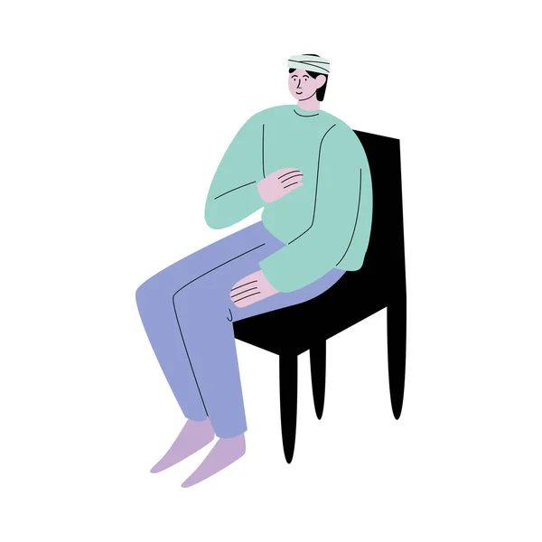 Muž pacient sedí v nemocnici s hlavou obvázanou po zranění — Stockový vektor