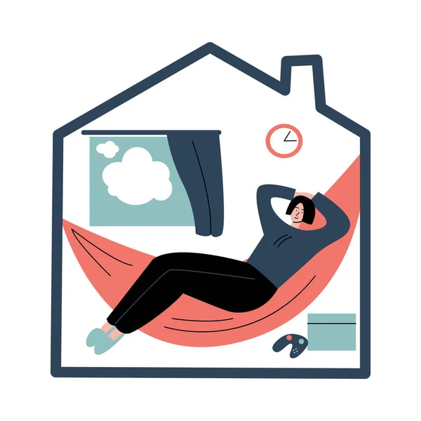 女人躺在吊床里放松，看着窗外的家 — 图库矢量图片