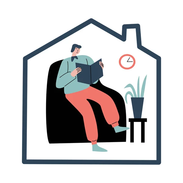Homme assis dans le fauteuil et appréciant le livre de lecture à la maison — Image vectorielle