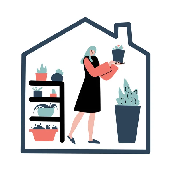 Жінка доглядає і носить зелені домашні рослини вдома — стоковий вектор