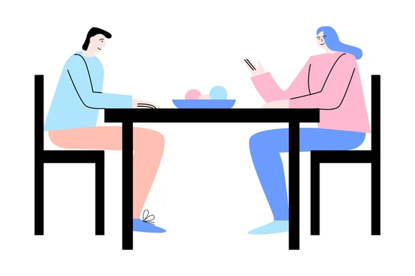Молодая пара сидит, разговаривает и обедает после рабочего дня в будний день — стоковый вектор