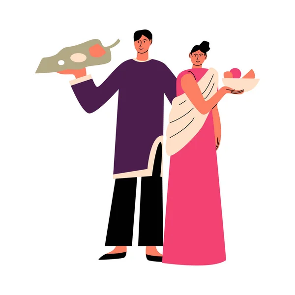 Indian man and woman in traditional clothing holding plates with food at holiday — Stock Vector