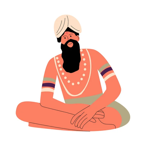 Индиец с бородой в тюрбане сидит на голове и наслаждается отдыхом — стоковый вектор