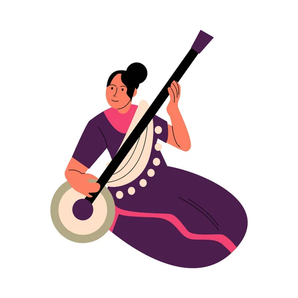 Mujer india en vestido púrpura tradicional sentado y jugando sitar durante las vacaciones — Vector de stock