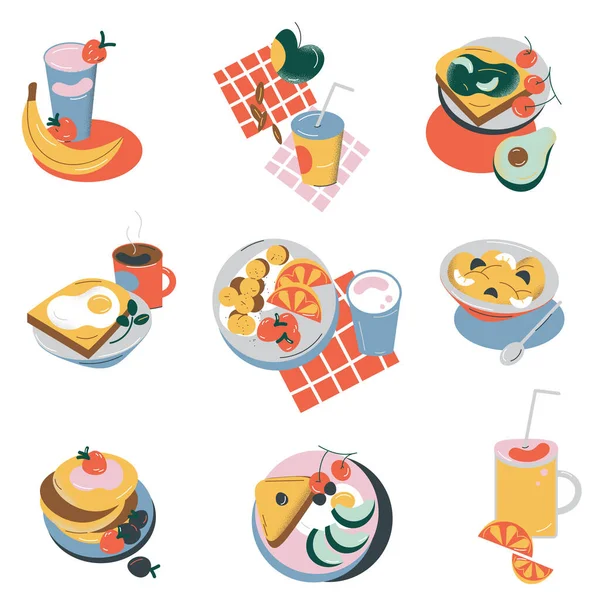 Different types of fresh healthy breakfast sets vector illustration — Stock Vector